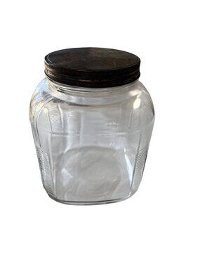 Vintage Clear Glass Hoosier Style Jar Metal Screw-On Lid 8.5” Farmhouse Kitchen